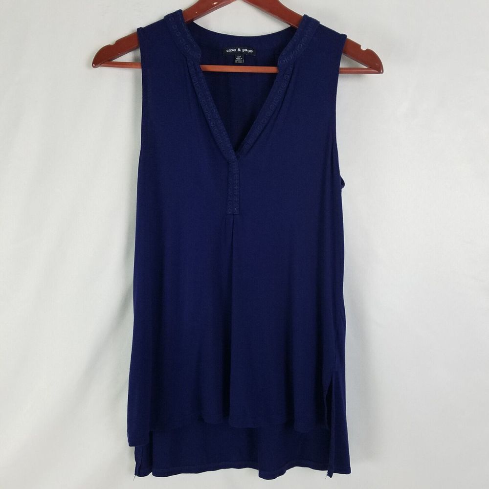 Cable & Gauge Shirt Womens Small Blue Top Sleeveless Split Neck Blouse